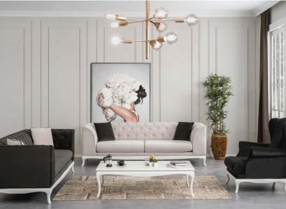 Complete Chesterfield Couch Upholstered Sofa Set 3-piece Fabric Sofa Black